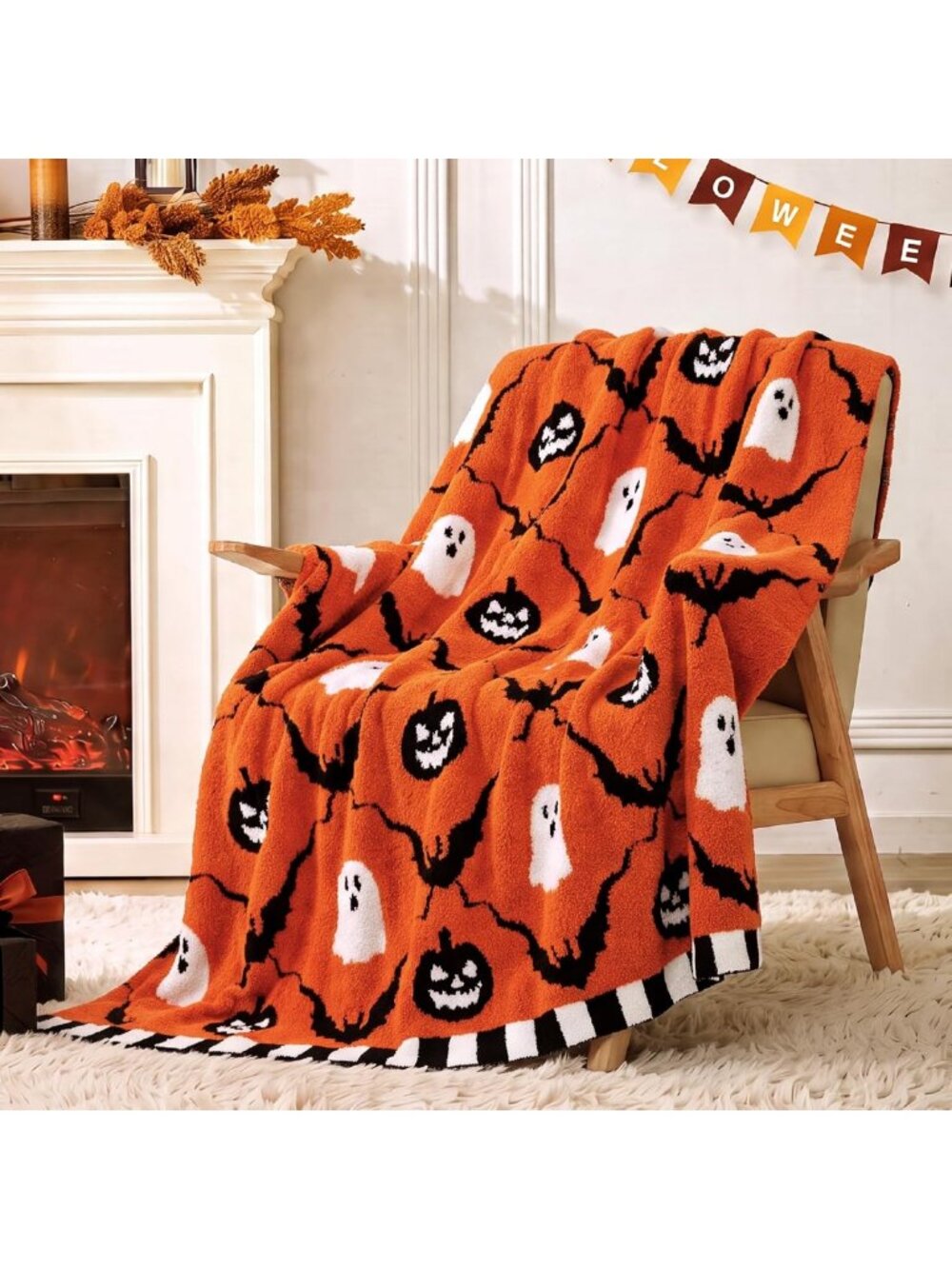 Cozy Halloween Throw Blanket - Orange Pumpkin Ghost Design, Soft Plaid 50x60